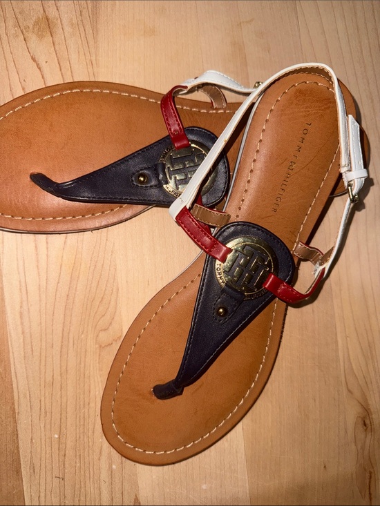 Tommy Hilfiger Shoes - Tommy Hilfiger Red, Navy & White T‑Strap Logo Sandals NWOT